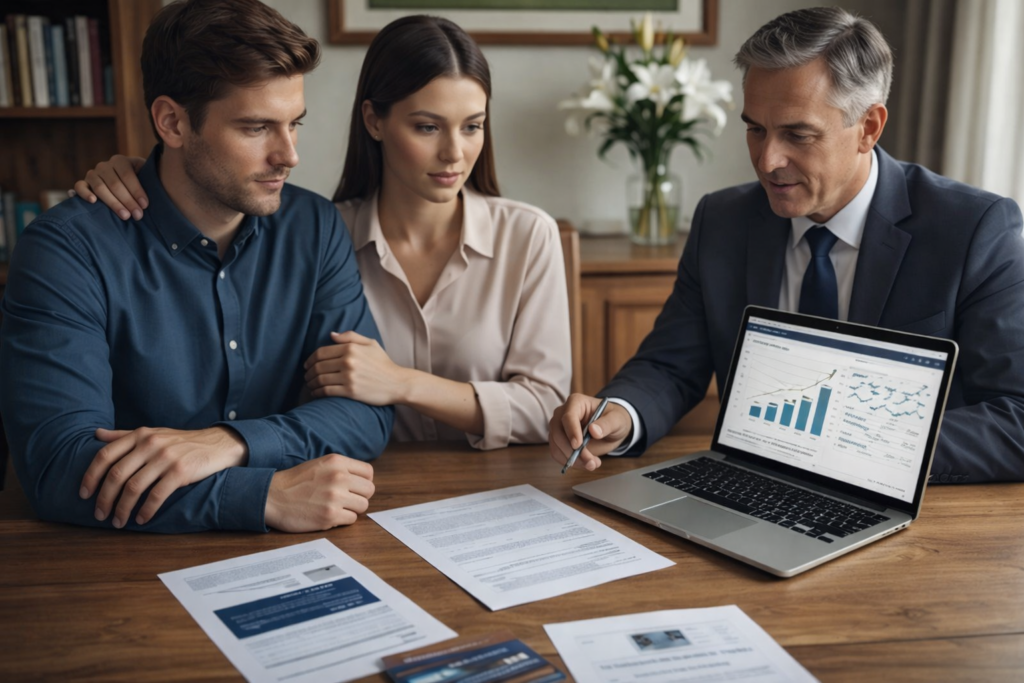 Funeral home loan consultation showing lender reviewing cash flow and loan structure with buyers