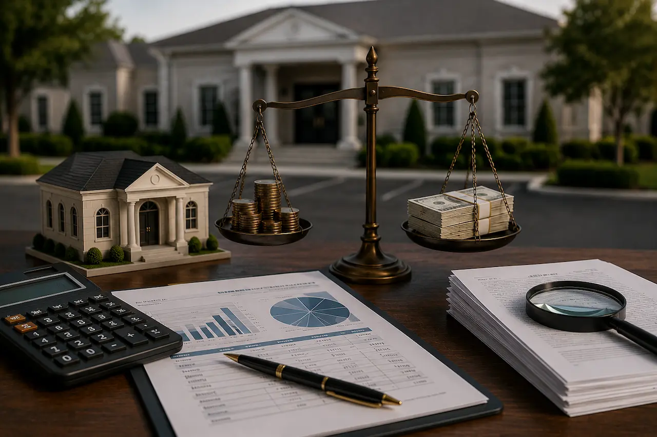 Financial analysis for a funeral home loan showing a balance scale, cash reserves, financial reports, calculator, and business property model used in lender approval decisions.