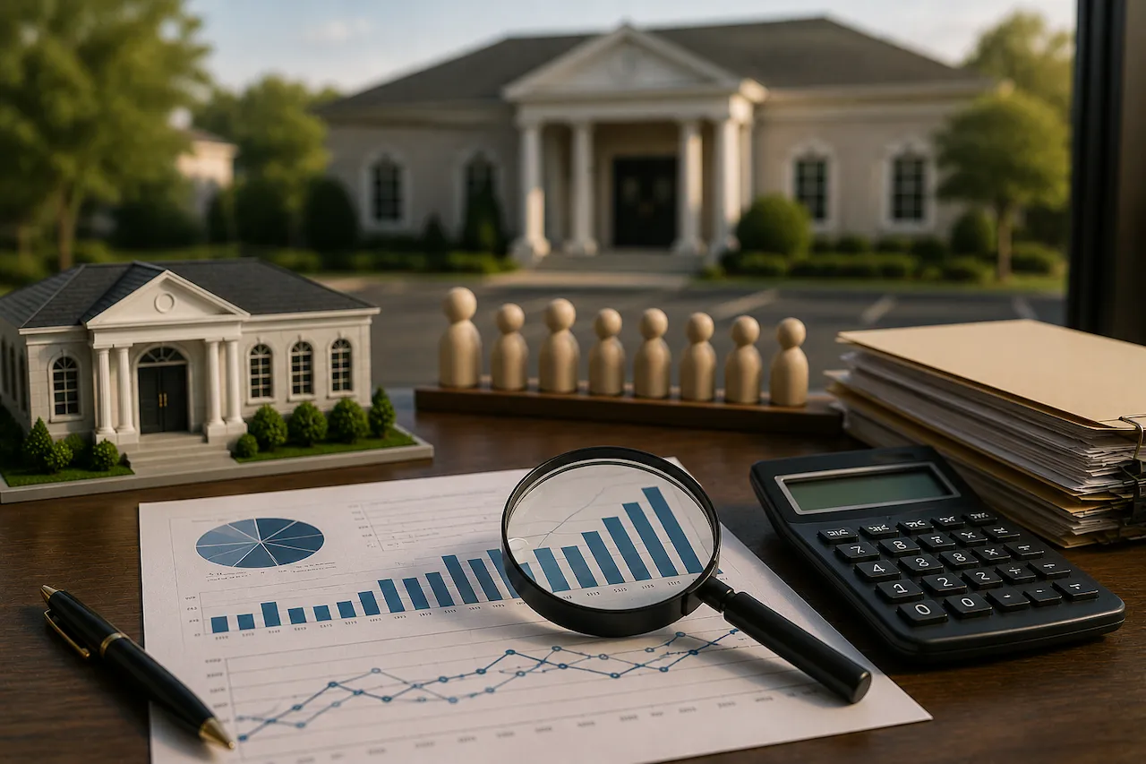 Funeral home loan underwriting concept showing call volume analysis with charts, a magnifying glass, calculator, and funeral home model representing lender evaluation and financing decisions.