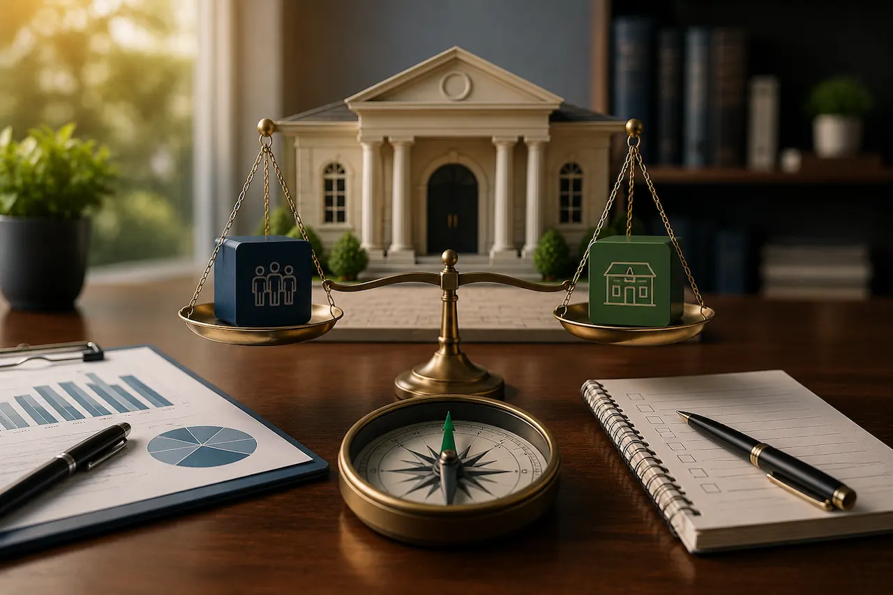 Funeral home financing concept showing two lending paths leading to a funeral home property with financial documents and loan planning tools.