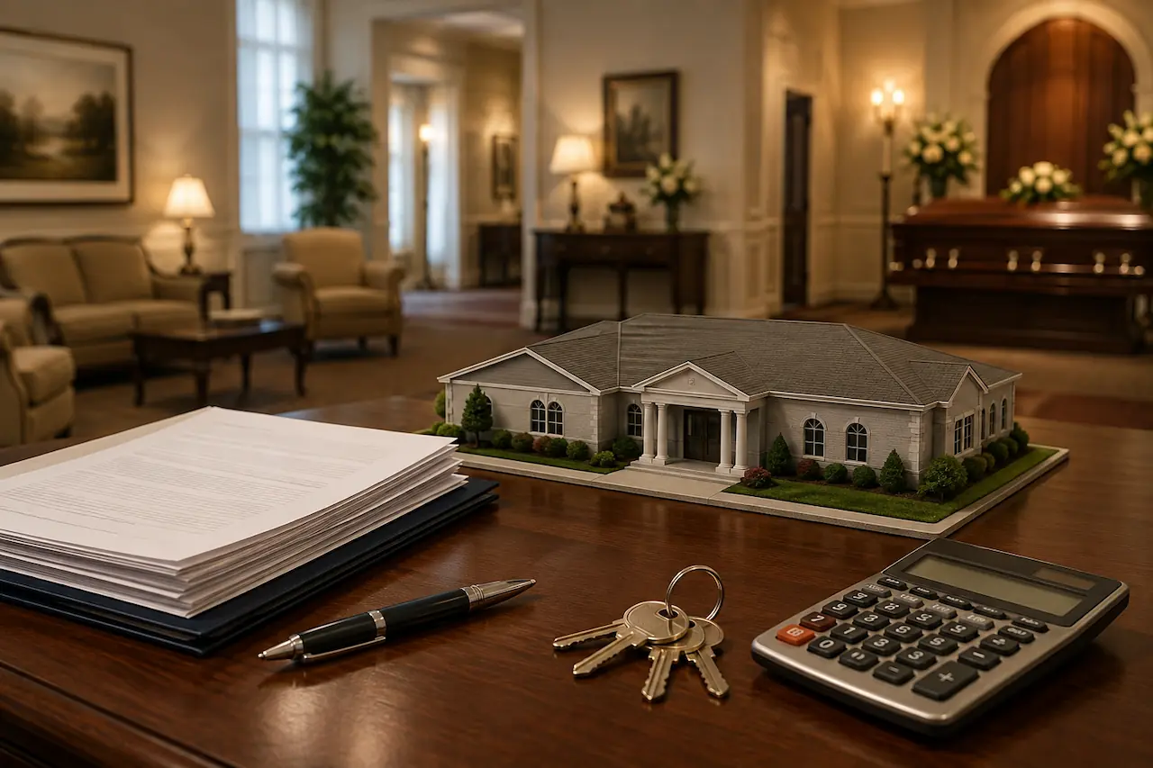 Funeral home purchase documents, property keys, calculator and building model on a desk