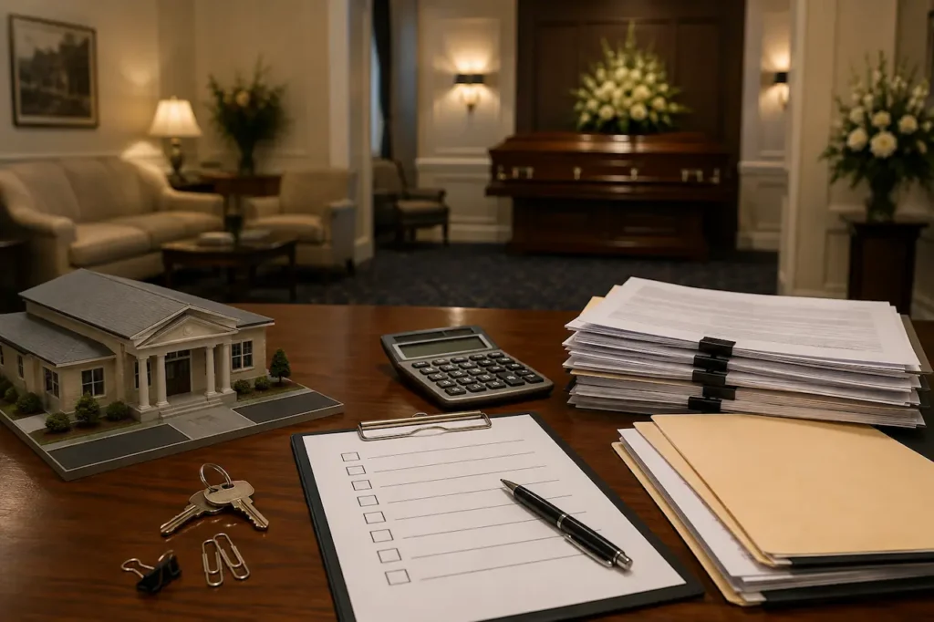 Funeral home loan documents, checklist, calculator and property keys on a desk