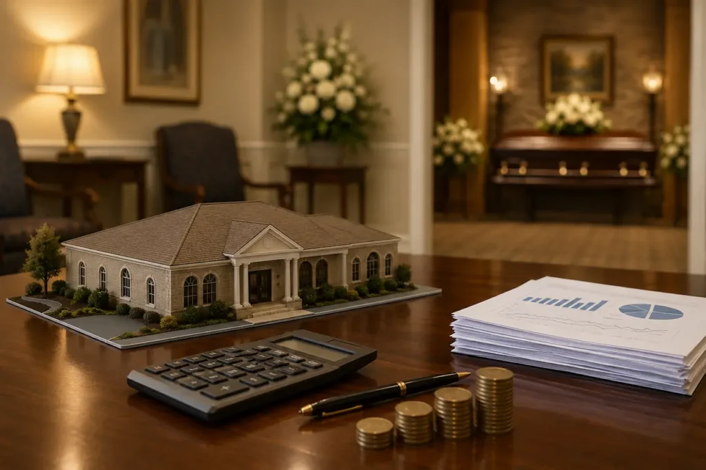 Funeral home valuation analysis with calculator, financial charts and building model