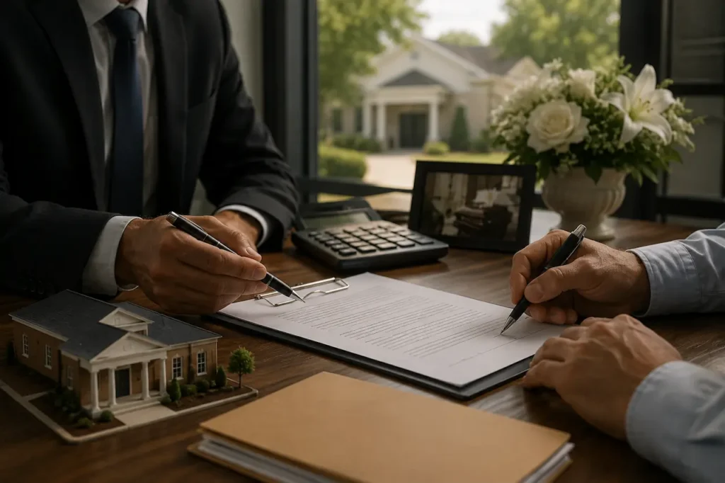 Funeral home buyer reviewing and signing loan documents with a lender