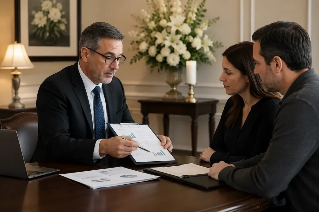 Business owners reviewing a business plan and financial documents for an SBA funeral home loan.