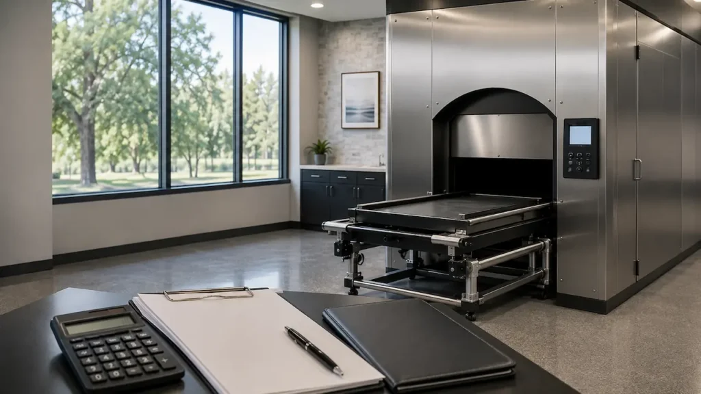 Crematory retort equipment with calculator and financing documents for equipment loan planning