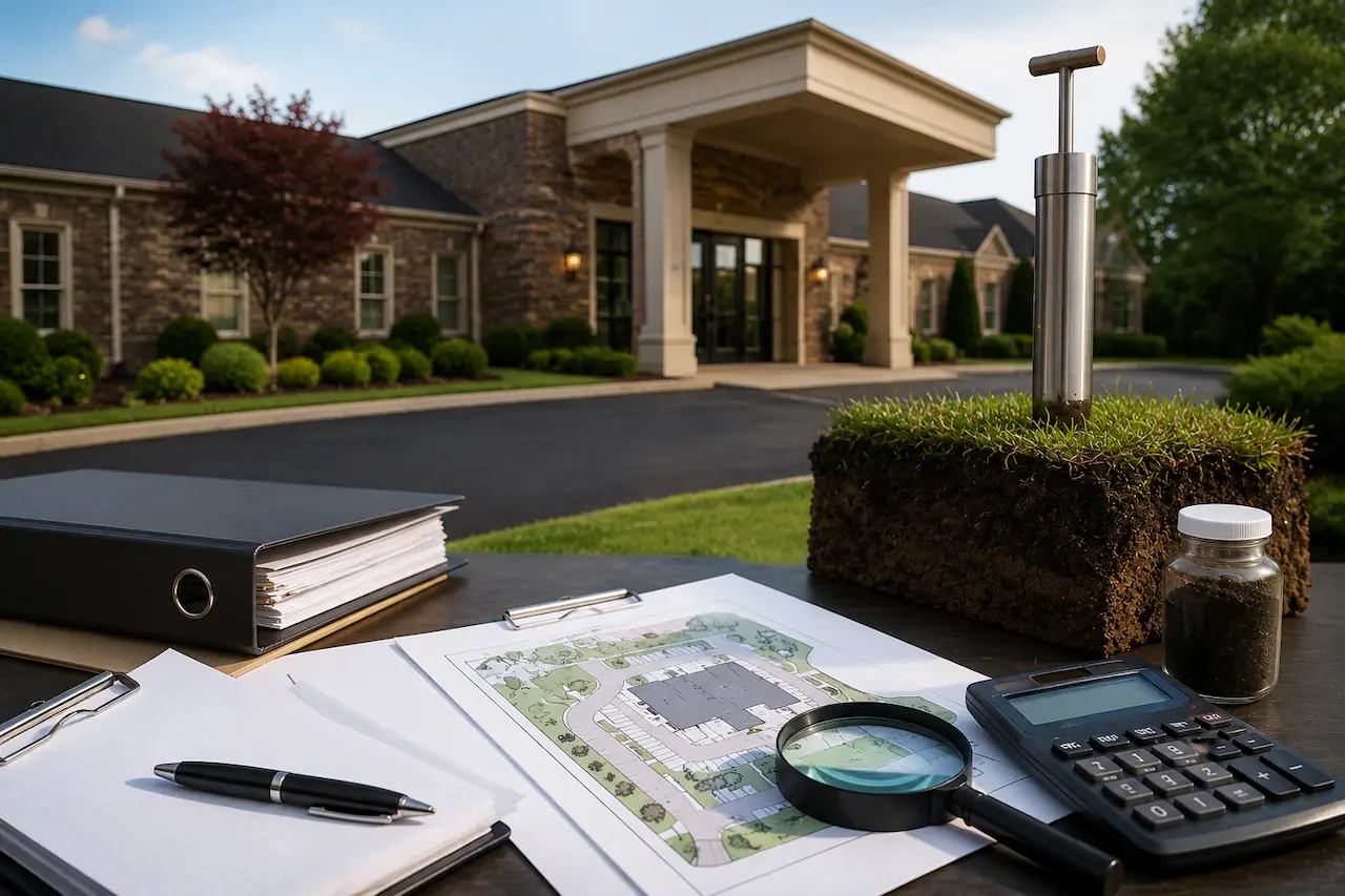 Environmental Phase I Assessment for funeral home real estate with site plans, soil sample, and inspection tools
